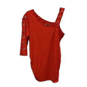 Belldini Women’s Medium Red One Shoulder Lace Up Sleeve Stretch Pullover Top